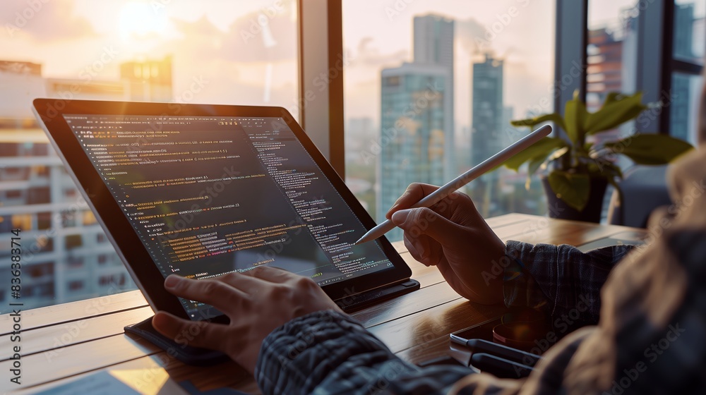 Poster a programmer sketches code logic on a tablet in a sunlit room with a breathtaking city skyline view 