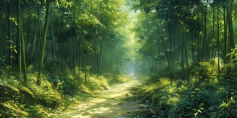 Fototapeta premium Sunlit Bamboo Maze, generative ai