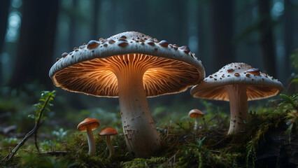 Fototapeta premium Mystical mushrooms glowing in forest