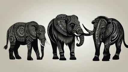 Intricate tribal elephant illustrations in grayscale