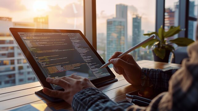 A programmer sketches code logic on a tablet in a sunlit room with a breathtaking city skyline view for inspiration.