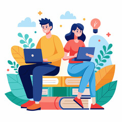 A woman and man are sitting with a laptop open in front of a stack of books, woman and man front of a laptop sitting with books on online learning, Simple and minimalist flat Vector Illustration	