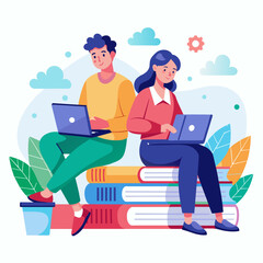 A woman and man are sitting with a laptop open in front of a stack of books, woman and man front of a laptop sitting with books on online learning, Simple and minimalist flat Vector Illustration	