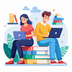 A woman and man are sitting with a laptop open in front of a stack of books, woman and man front of a laptop sitting with books on online learning, Simple and minimalist flat Vector Illustration	