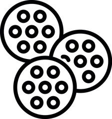 Black and white line art of three round sewing buttons with fourhole design
