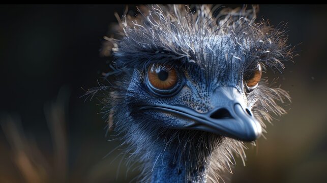 A detailed view of an emu s head and facial features