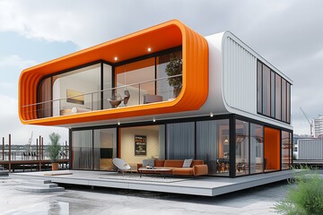 modern container house exterior with garden, minimalism design, idea for sustainability for environmental preservation real estate concept,