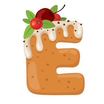 Cookie letter E which is colorful Icing. Biscuit ABC. Vector illustration isolated on a white background