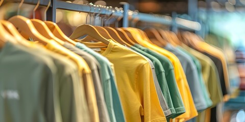 Colorful tshirts on rack in store with modern casual clothes. Concept Colorful Tshirts, Modern Casual Clothes, Clothing Store Display