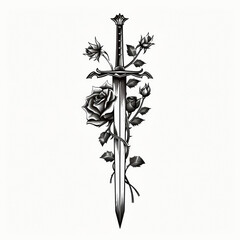 Intricate black and white sword illustration with roses. A stunning tattoo design symbolizing the blend of strength and delicacy.