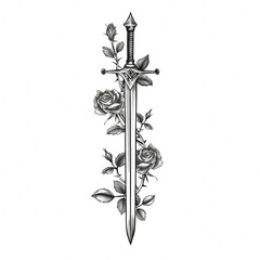 Black and white illustration of a sword entwined with roses. A detailed and elegant tattoo design combining strength and beauty.