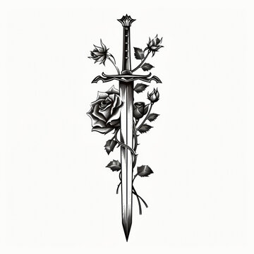 Intricate black and white sword illustration with roses. A stunning tattoo design symbolizing the blend of strength and delicacy.