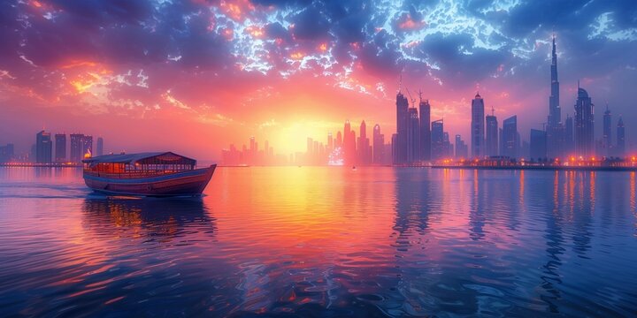 Contrast of old and new: Dhow sailing past wind-tower houses and skyscrapers in Dubai, generative ai