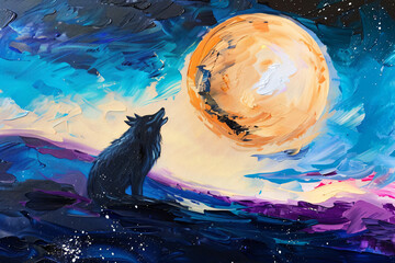 A wolf howling at the moon in the night sky