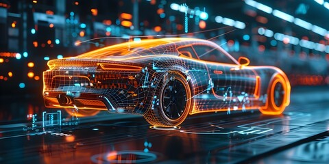 Obraz premium Futuristic HUDstyle hologram scanning and analyzing car data for development in 3D. Concept Technology, Hologram, Car Development, 3D Modeling, Futuristic Features