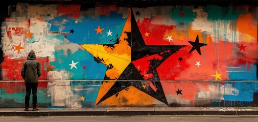big star graffiti street art on wall , urban rebellious background
