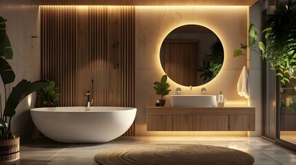 Modern bathroom with LED lighting, round mirror