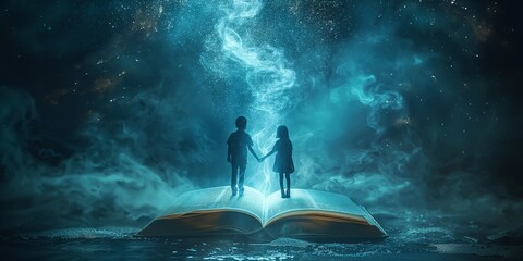 silhouette of boy and girl hold hand walking on fairytale book page, open book with light glow shiny smoke drifting over © QuietWord