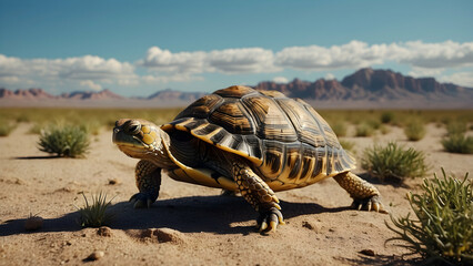 Fototapeta premium Desert tortoise trekking with mountains in backdrop
