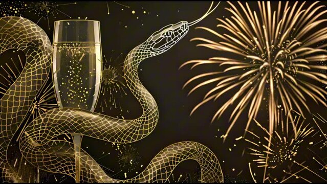 A snake is curled around a champagne glass, with fireworks in the background