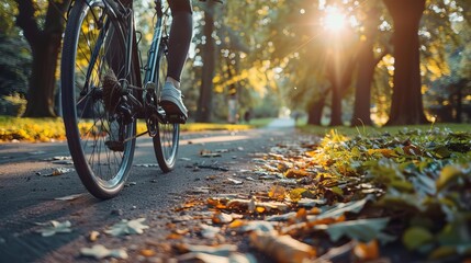Urban cyclist riding through a city park