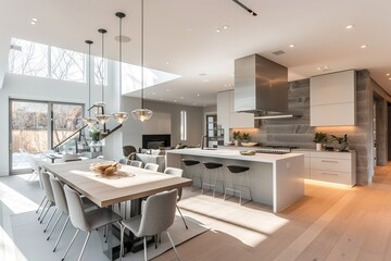 Contemporary open-concept kitchen and dining area with sleek, minimalist design.