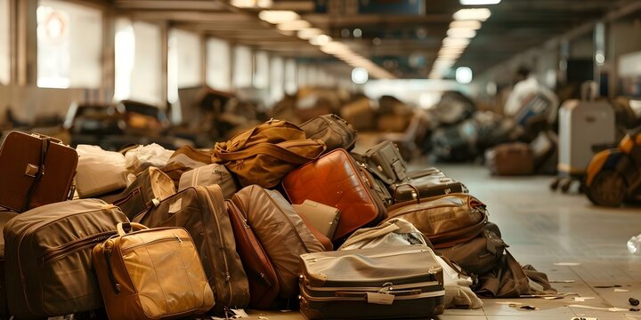 Lost Luggage Piled in the Center of a Busy Train Station Hall. Concept Train station, Lost luggage, Chaos, Passengers, Travel complications