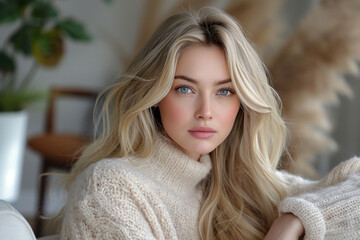 Fototapeta premium A young woman with flowing dark hair and a white shirt. Soft lighting and a neutral backdrop highlight her natural beauty, perfect for fashion themes. High quality photo
