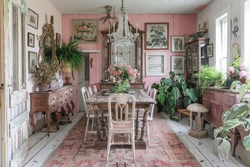 Fototapeta premium Cozy vintage dining room with eclectic decor, featuring antique furniture, lush green plants, and ornate chandelier. Ideal for home interior inspiration.