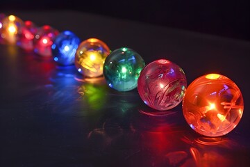 A row of glass marbles with different colors, each one is lit up from within in the style of red light
