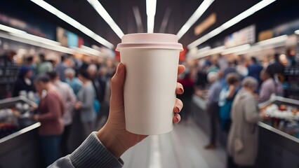 A girl holding a disposable coffee cup in a supermarket backdrop, Disposable coffee cup, coffee cup to go, coffee cup mockup, coffee cup drawing, paper coffee cup