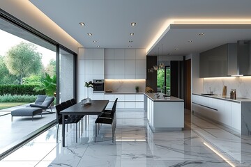Fototapeta premium Contemporary open-concept kitchen and dining area with sleek, minimalist design.