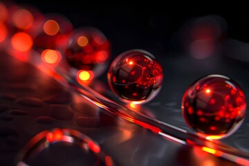 A series of curved, glowing glass spheres are arranged in an S shape on a black background, each sphere emitting soft red light and reflecting the surrounding environment
