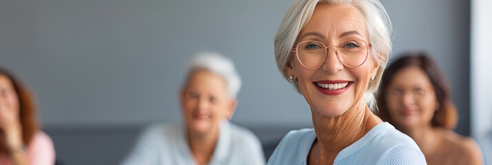 Happy Senior Woman in Group Setting, Concept of Friendship and Happiness