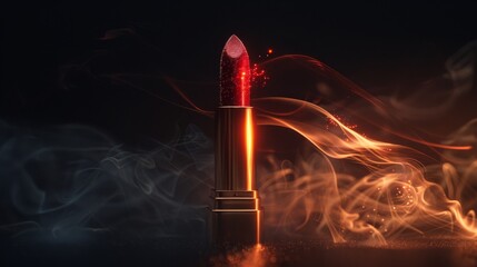 Red lipstick with smoke and sparks in dark background