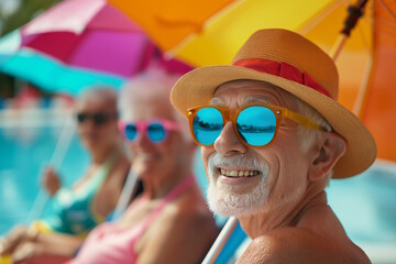 Happy elderly white man with friends at the poolside, concept of fun and relaxation