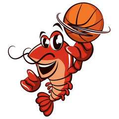 cute shrimp vector character mascot illustration playing basketball, work of hand drawn
