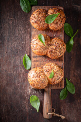 Fresh spinach buns made with grains and leaves.