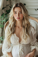 Fototapeta premium A pregnant woman with long blonde hair, wearing a white lace dress, sits. Soft light and vibrant blooms highlight her serene beauty, perfect for maternity and elegance themes.