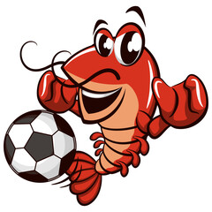 cute shrimp vector character mascot illustration playing football of soccer, work of hand drawn