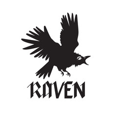 Raven bird, logo raven, vector illustration, logo, emblem black and white, one color. Vector illustration