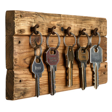 Rustic wooden key holder with five metal keys hanging. Perfect for home organization and storage solution in a rustic decor setting. transparent backgrounds