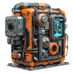 Futuristic orange and black sci-fi machine with advanced technology, pipes, and digital display for industrial use. transparent backgrounds