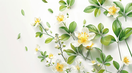 A serene composition of white flowers and green leaves spread out on a light background