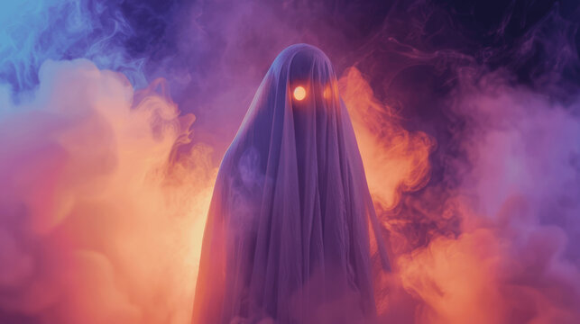 A ghostly figure shrouded in a sheet stands amidst a mystical, colorful mist