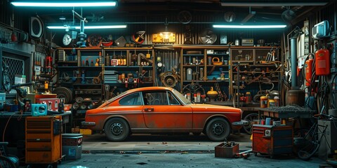 Vintage car restoration in progress at auto repair shop, generative ai