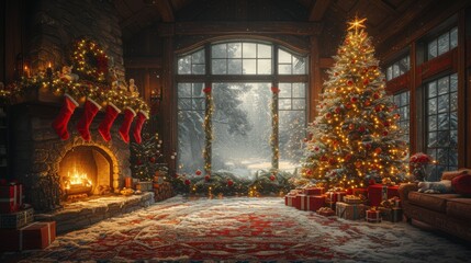 A Living Room With a Christmas Tree Stockings and Fire Place - Generative AI