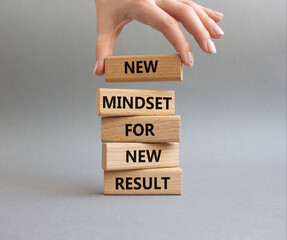 Mindset symbol. Wooden blocks with words New Mindset new Result. Businessman hand. Beautiful grey...