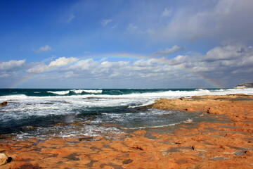 Rainbow on the shores of the Mediterranean Sea in northern Israel.