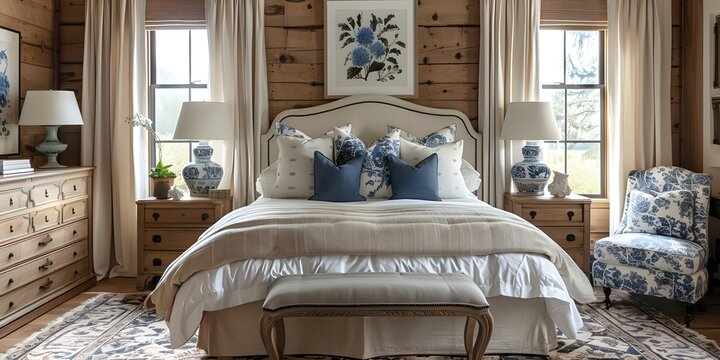 Cozy coastal bedroom decor with elegant English country house style furnishings. Concept Coastal Decor, Bedroom Style, English Country House, Elegant Furnishings, Cozy Ambiance